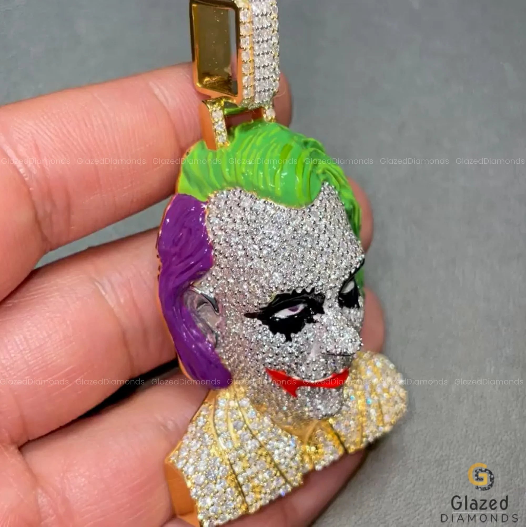 Two Tone Men's Enamel Iced 3D Joker Face Diamond Pendant