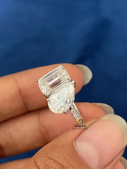 4.08CT Emerald Cut Moissanite Toi Et Moi Wedding Ring For Women