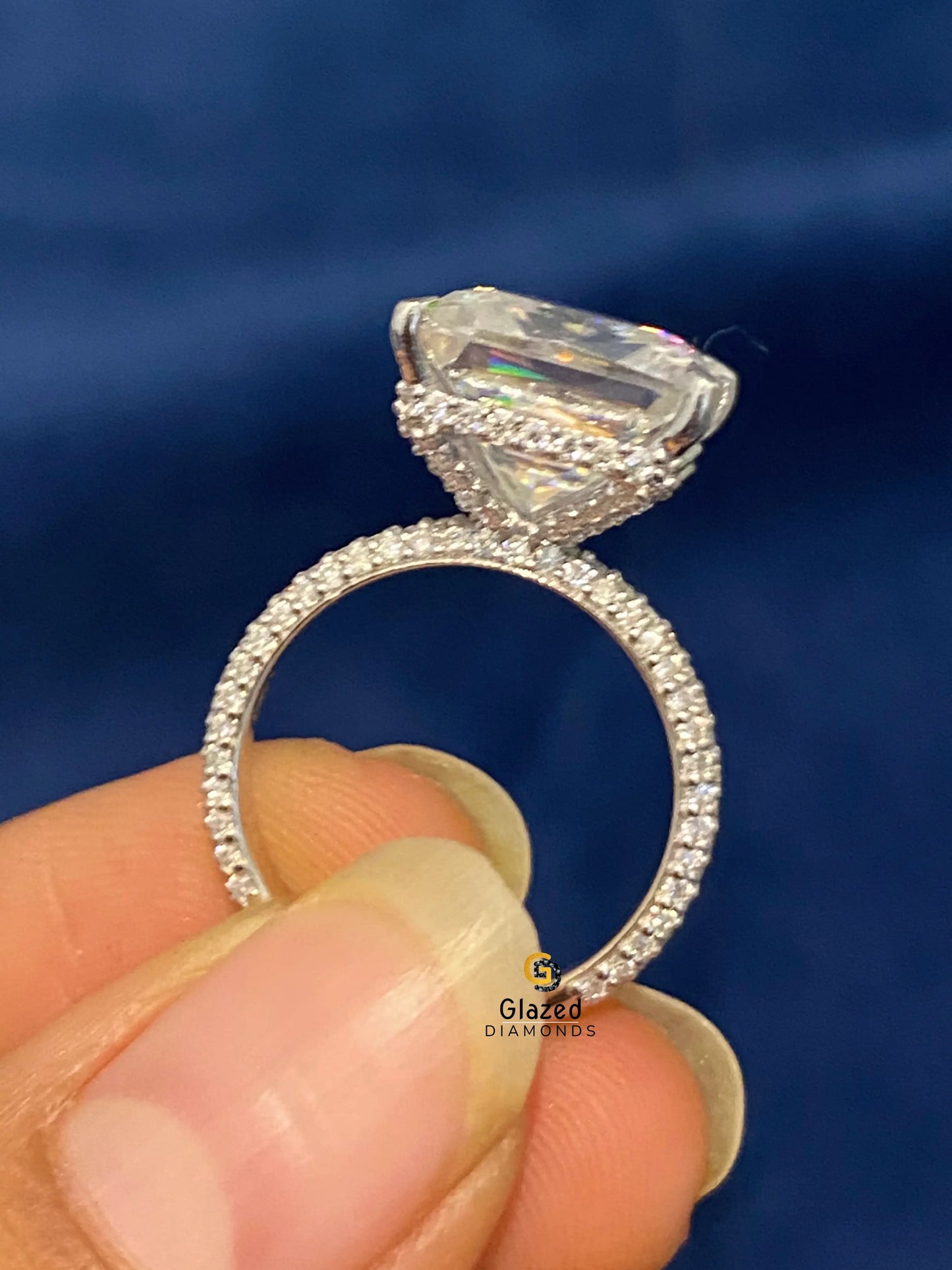 4.5CT Asscher Cut Halo Pave Band Moissanite Wedding Ring