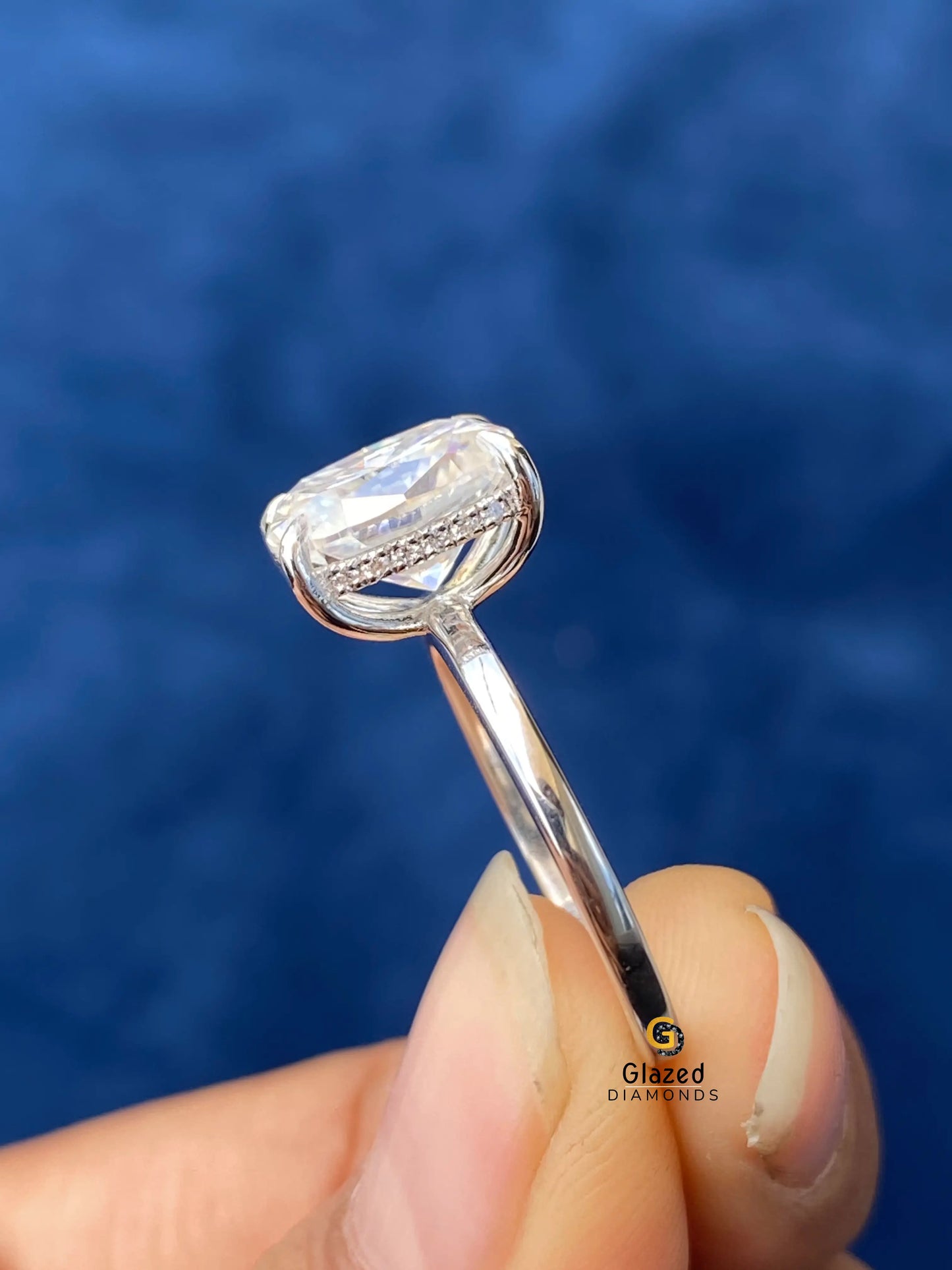 Elongated Cushion Cut Moissanite Hidden Halo Wedding Ring