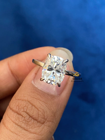 Elongated Cushion Cut Moissanite Hidden Halo Wedding Ring