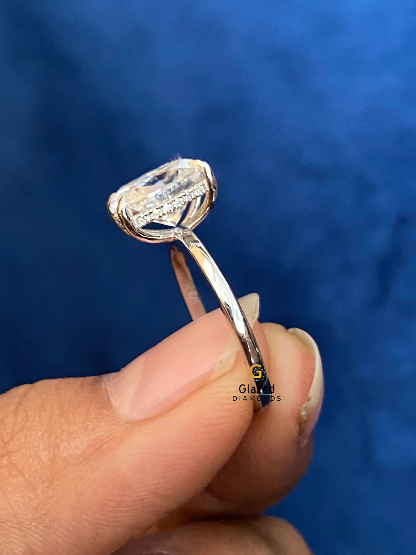 Elongated Cushion Cut Moissanite Hidden Halo Wedding Ring