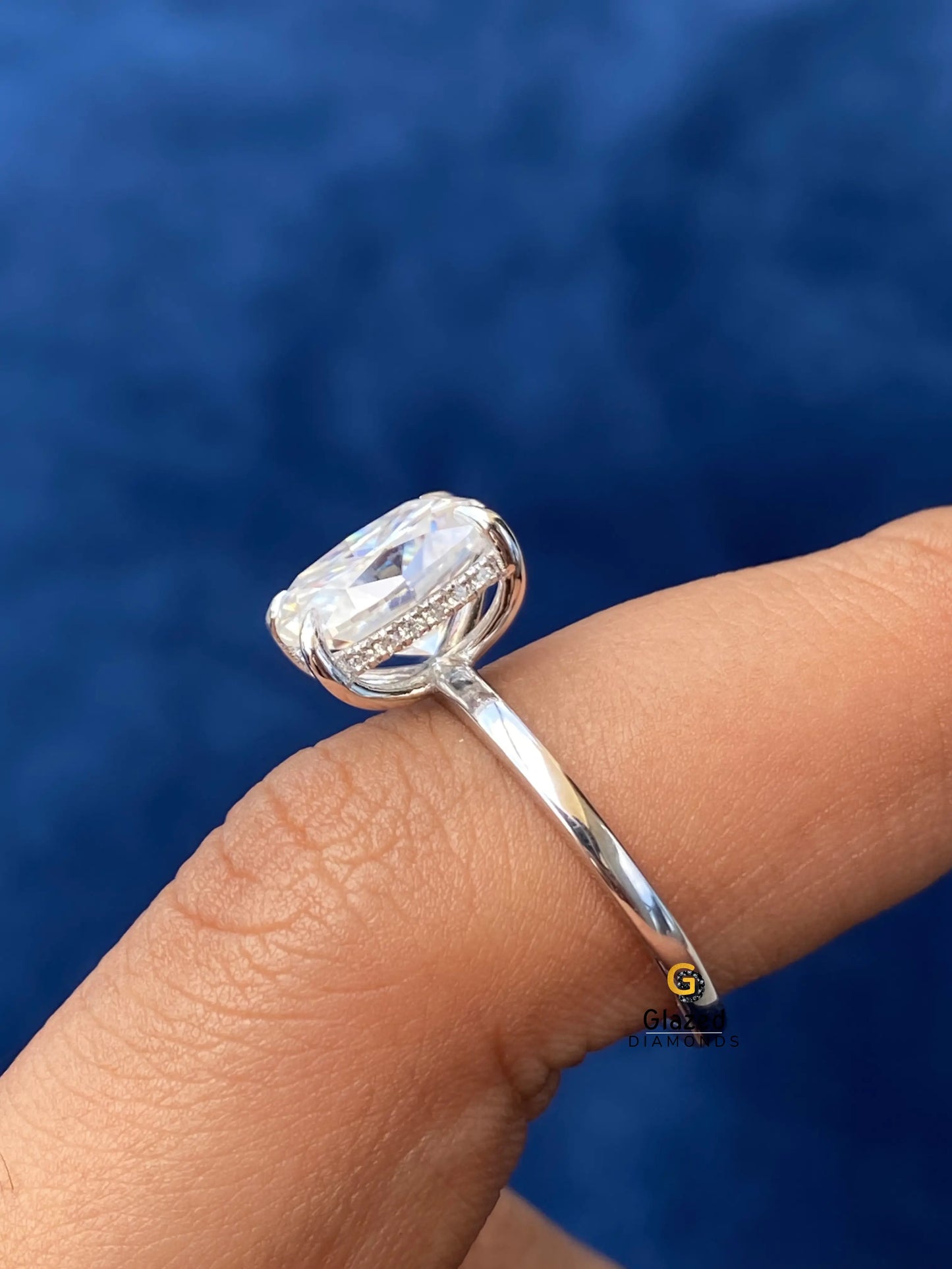 Elongated Cushion Cut Moissanite Hidden Halo Wedding Ring