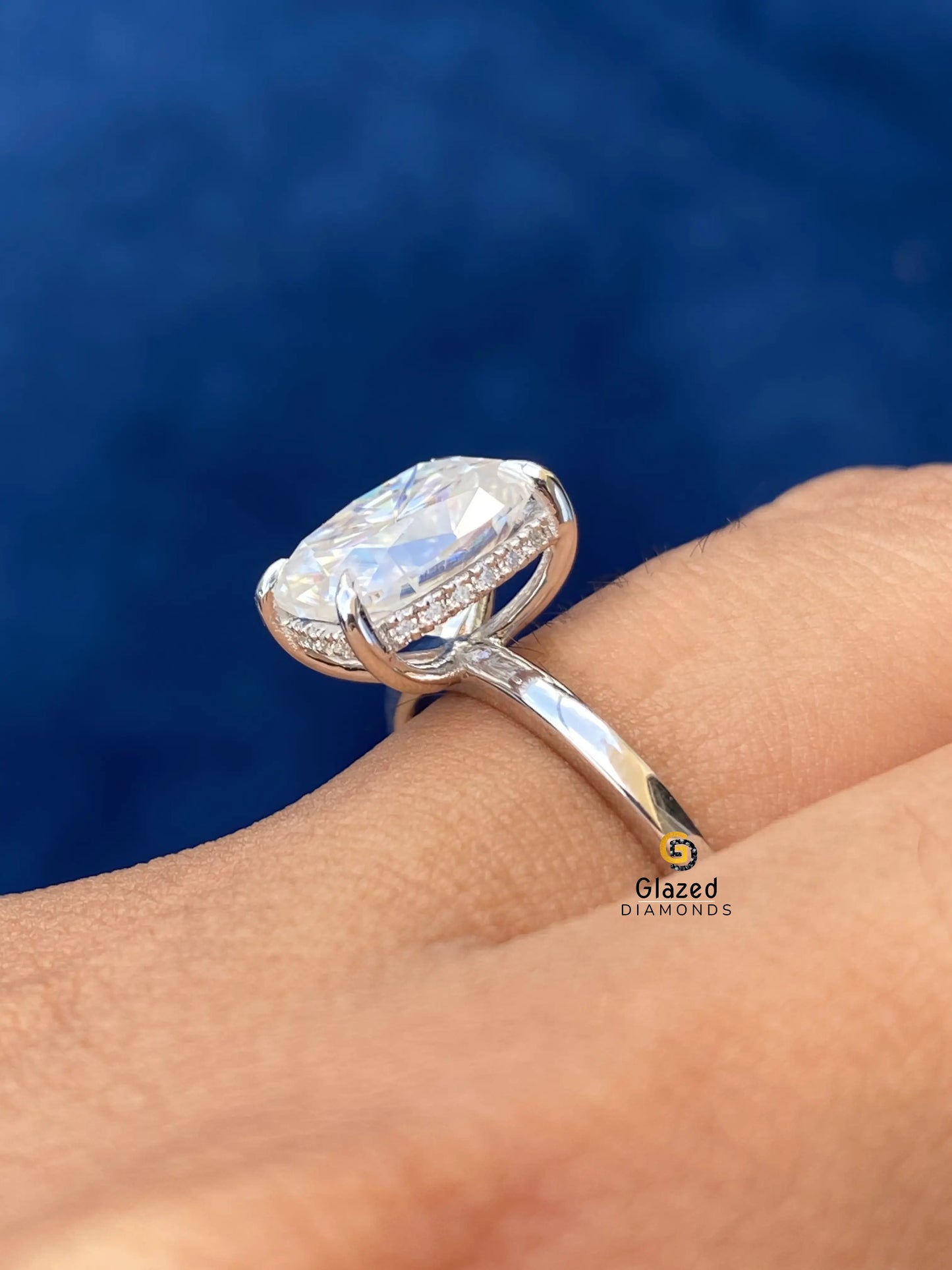 Elongated Cushion Cut Moissanite Hidden Halo Wedding Ring
