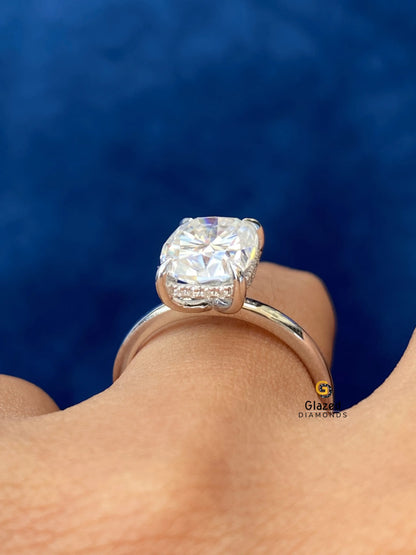 Elongated Cushion Cut Moissanite Hidden Halo Wedding Ring