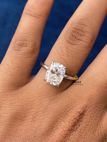 Elongated Cushion Cut Moissanite Hidden Halo Wedding Ring