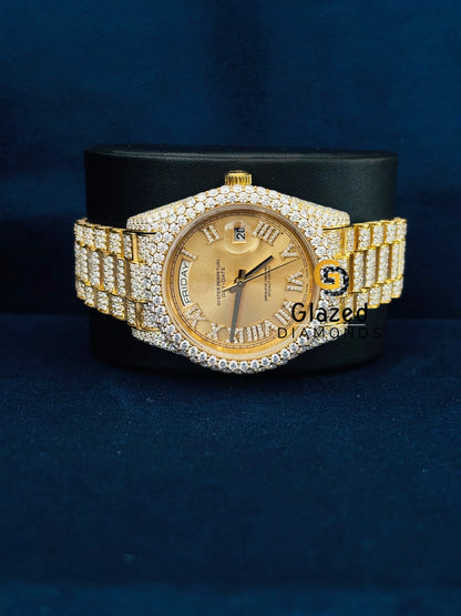 Yellow Dial Studded Roman Number Moissanite Watch