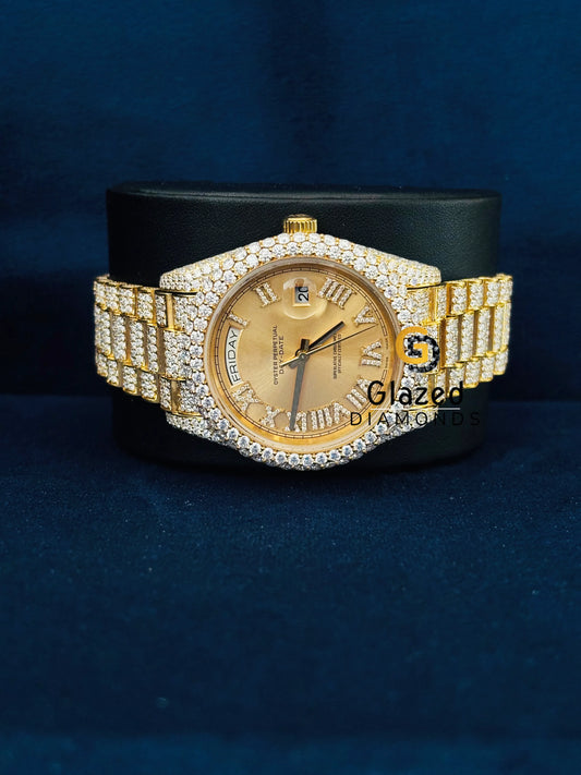 Yellow Dial Studded Roman Number Moissanite Watch