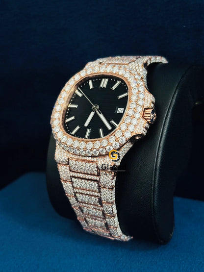 Rose Gold Plated Moissanite Black Dial Watch For Men