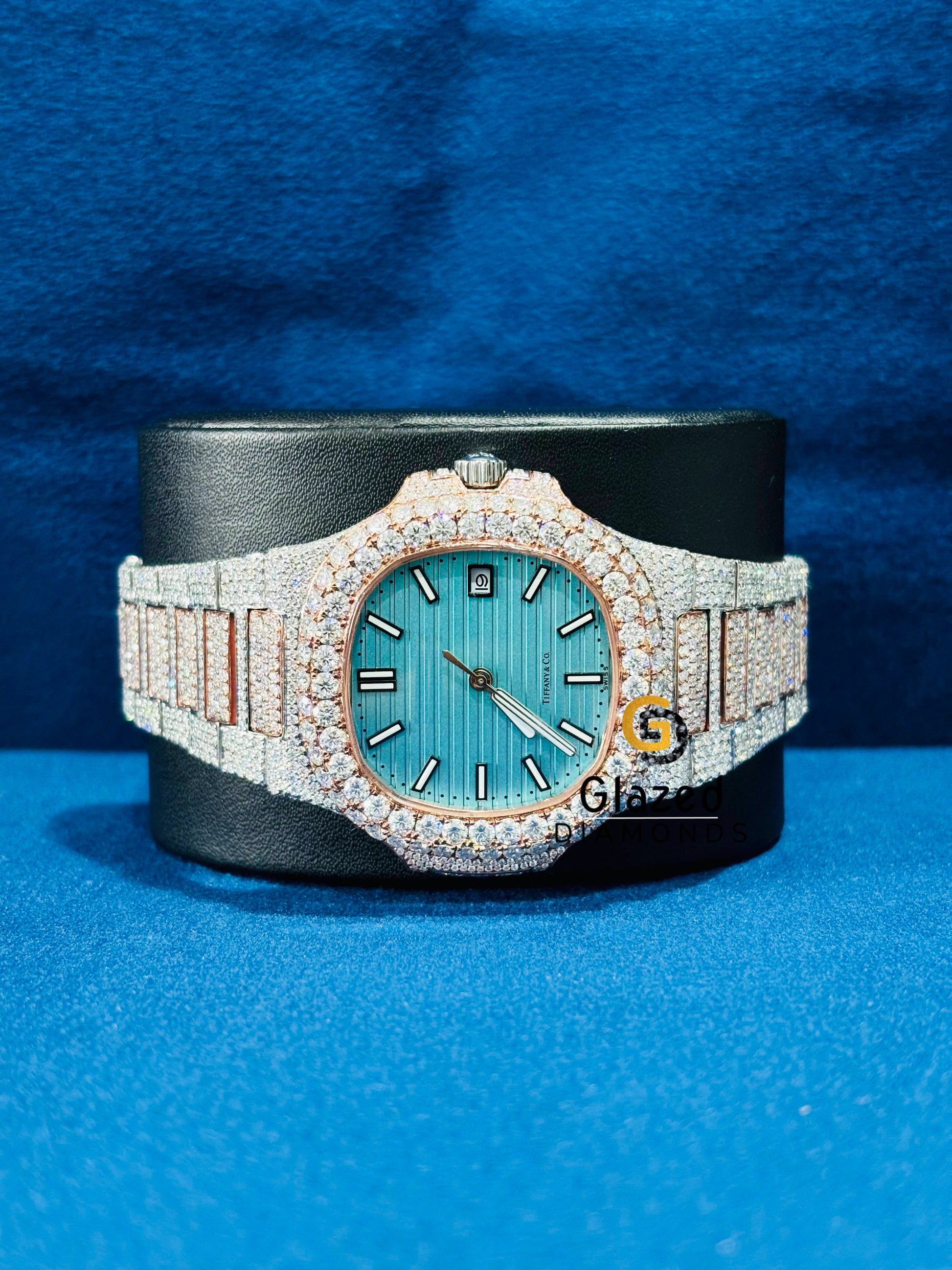 41MM Dual Tone Sky Blue Dial Iced Out Moissanite Watch