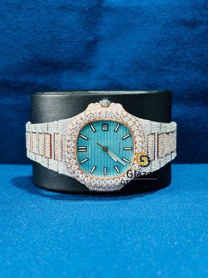 41MM Dual Tone Sky Blue Dial Iced Out Moissanite Watch