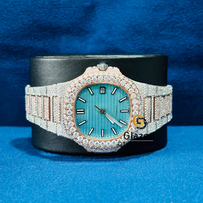 41MM Dual Tone Sky Blue Dial Iced Out Moissanite Watch