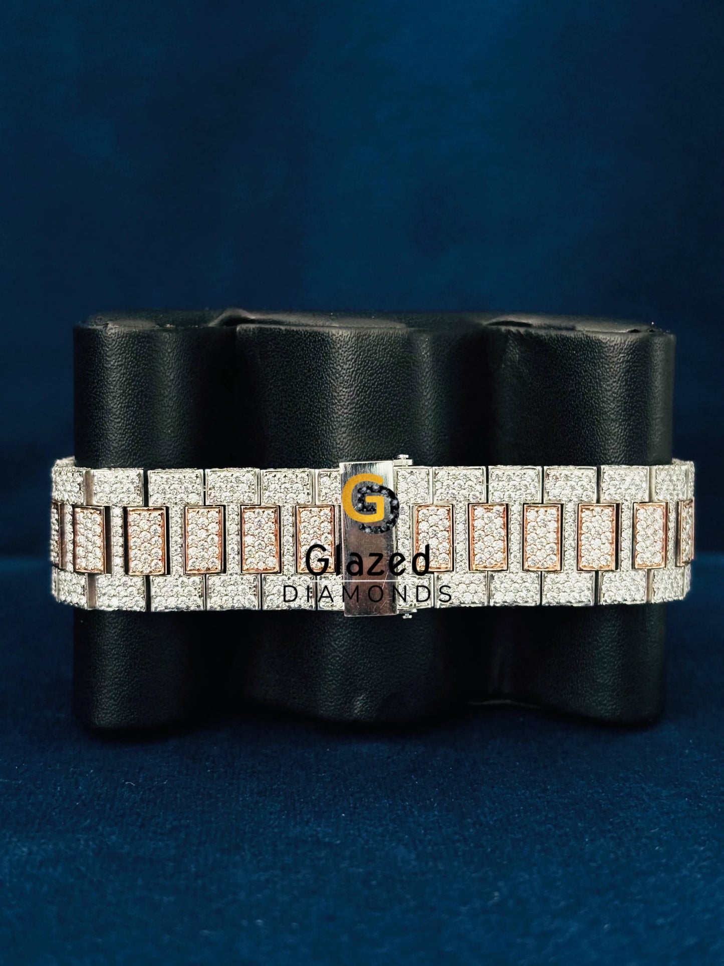 41MM Rose Gold Plated Iced Out Black Baguette Bar Studded Watch For Men