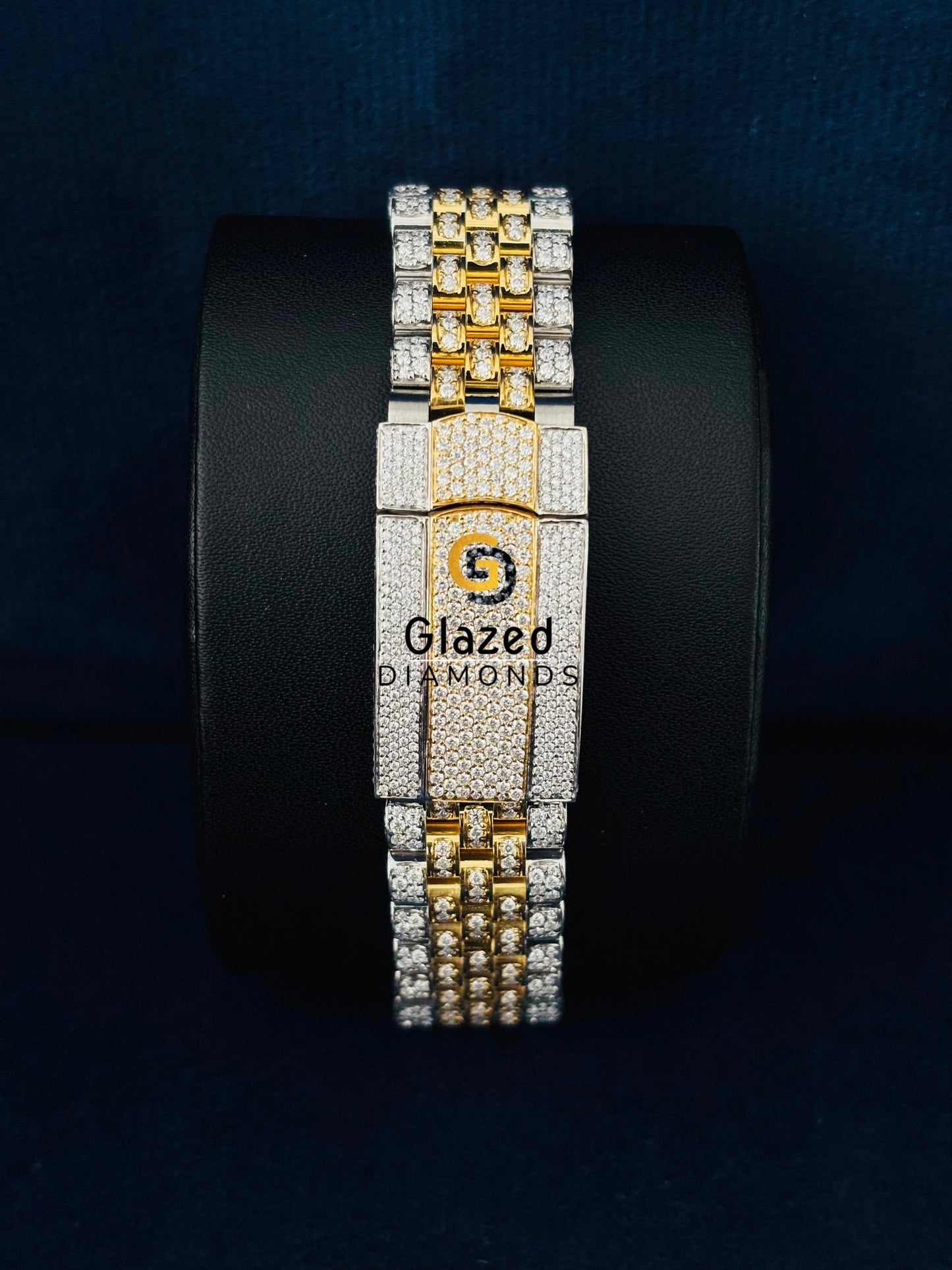 41MM Two Tone Blue Dial Iced Out Moissanite Watch