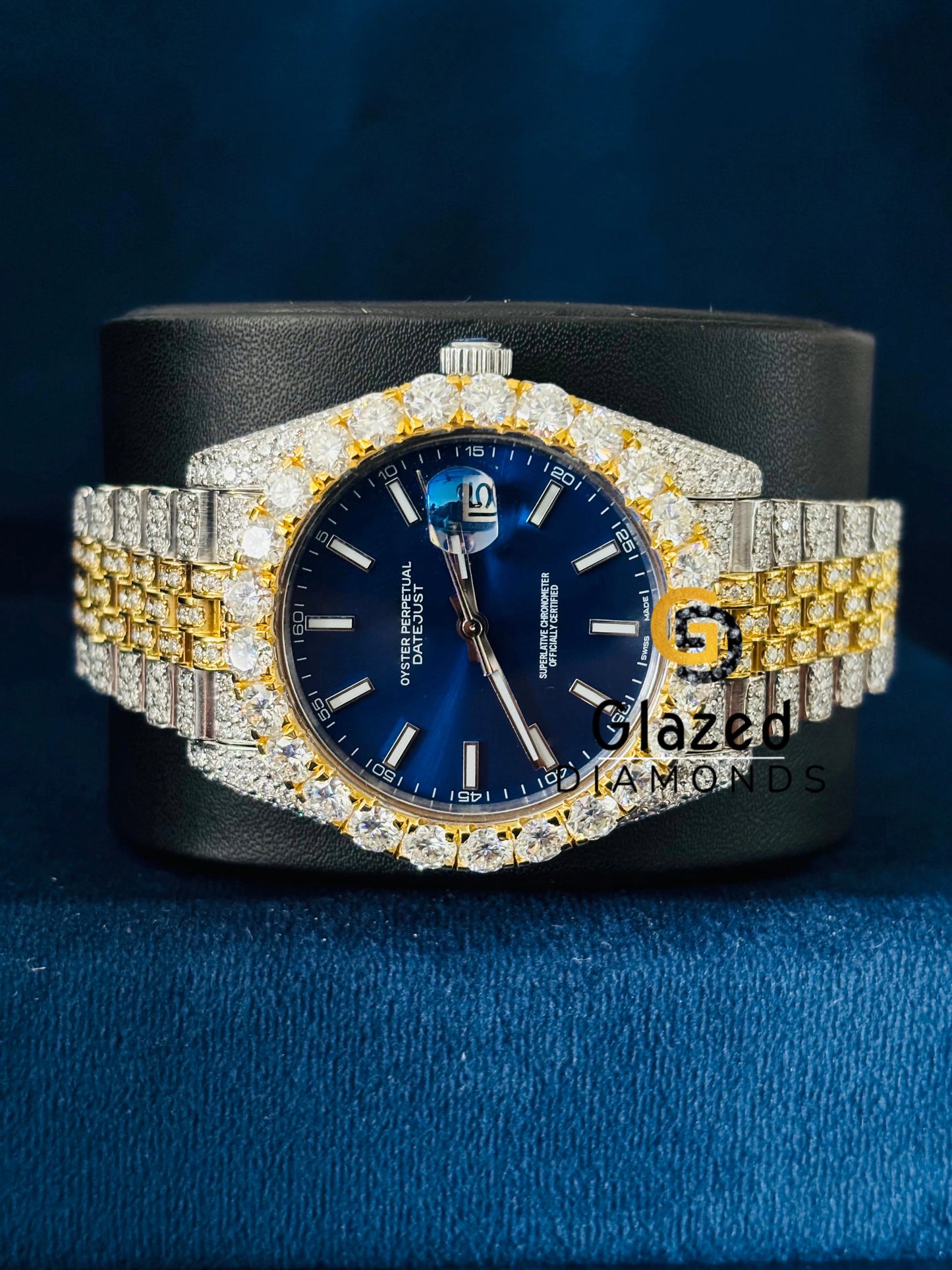 41MM Two Tone Blue Dial Moissanite Watch 