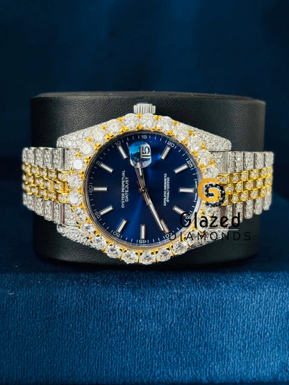 41MM Two Tone Blue Dial Moissanite Watch 