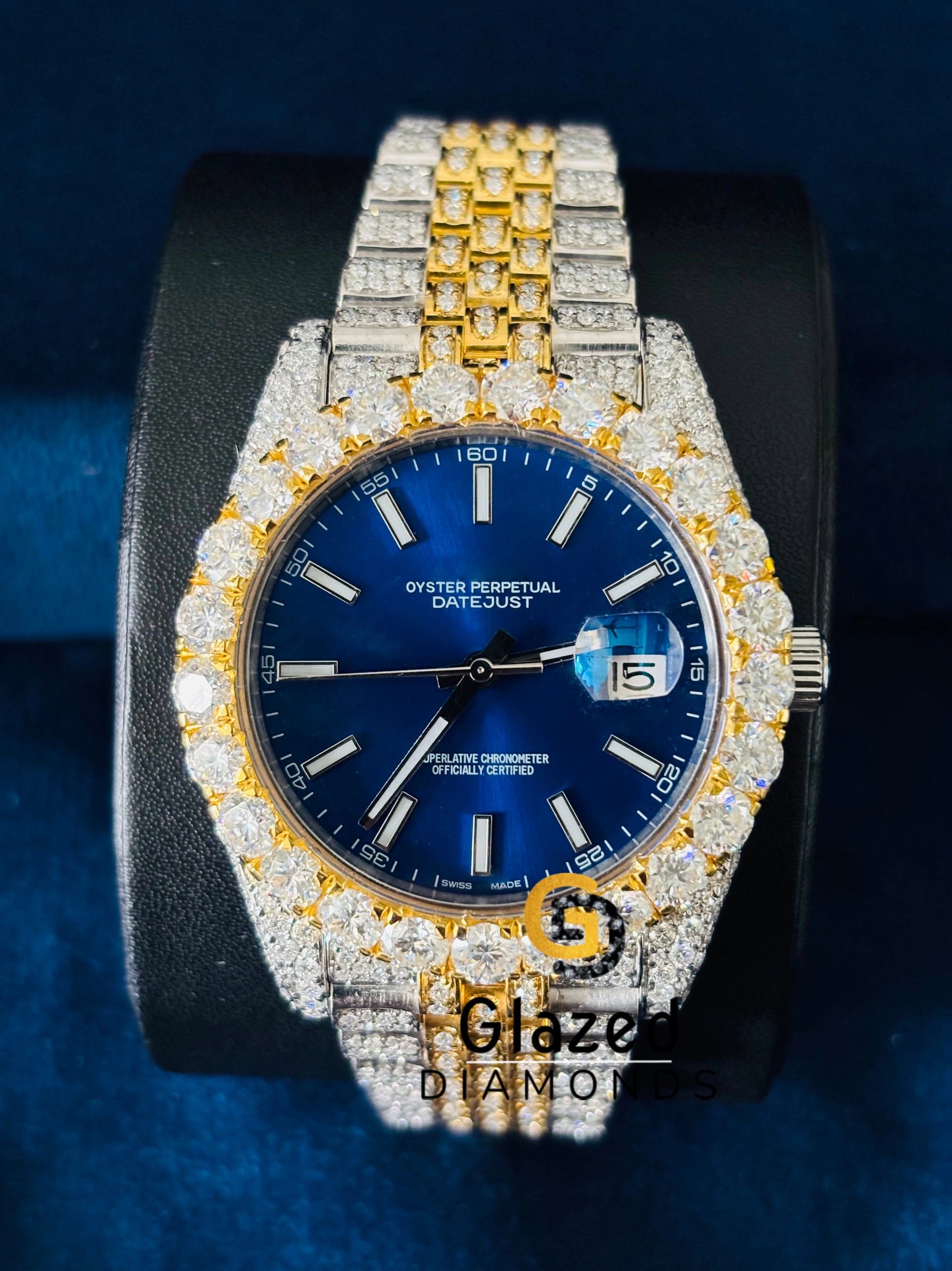 41MM Two Tone Blue Dial Studded Iced Out Moissanite Watch