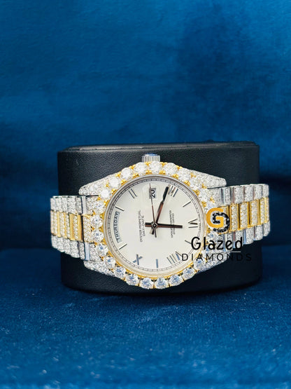 41MM Two Tone White Dial Roman Number Iced Out Moissanite Watch