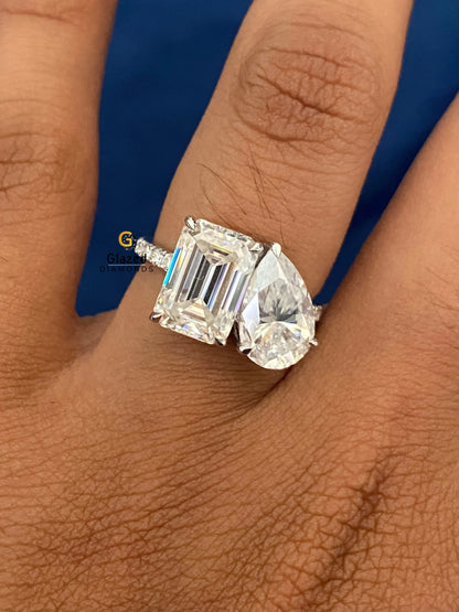 4CT Emerald And Pear Cut Moissanite Toi Et Moi Wedding Ring For Women