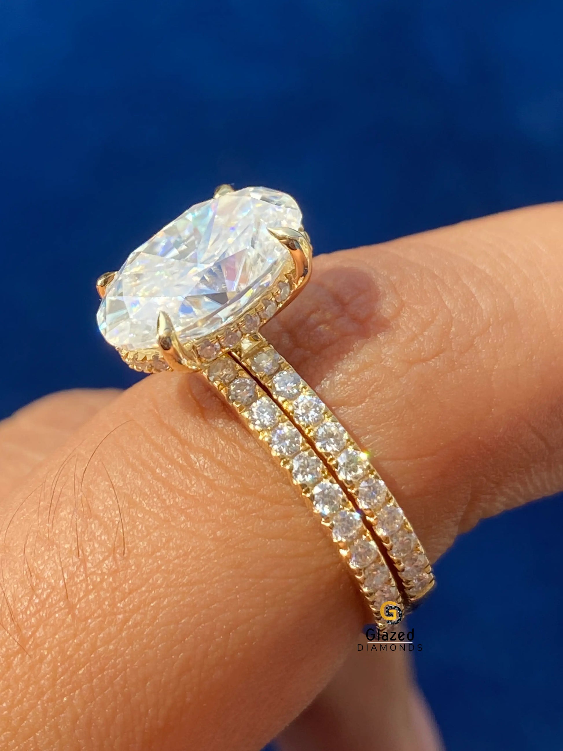 4CT Oval Cut Hidden Halo Moissanite Ring With Eternity Wedding Band For Women