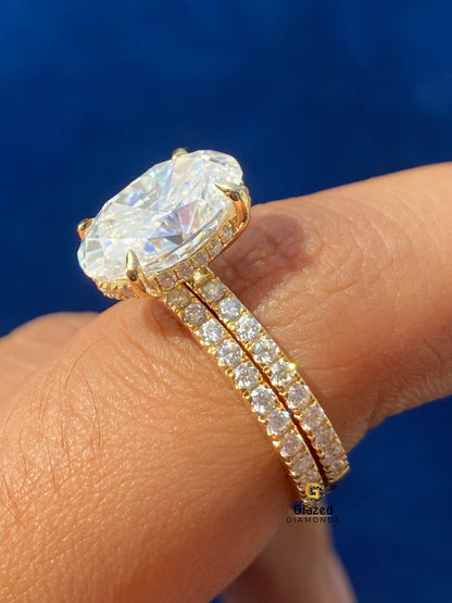 4CT Oval Cut Hidden Halo Moissanite Ring With Eternity Wedding Band For Women
