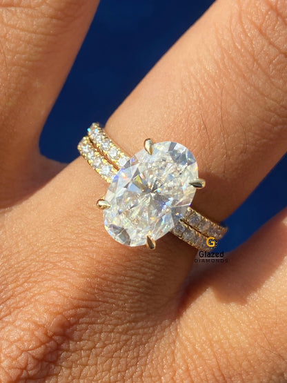 4CT Oval Cut Hidden Halo Moissanite Ring With Full Eternity Wedding Band For Women