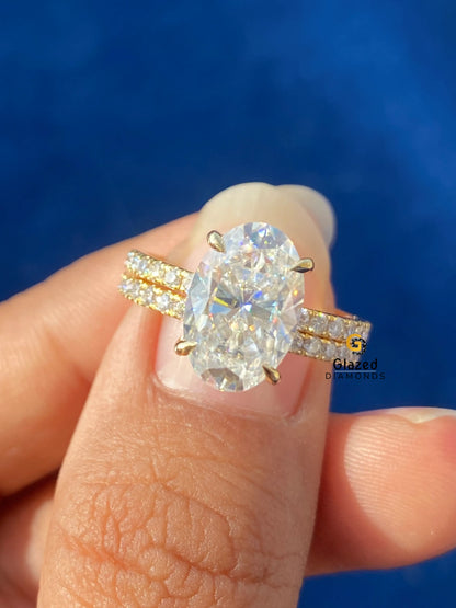 4CT Oval Cut Moissanite Hidden Halo Bridal Ring Set