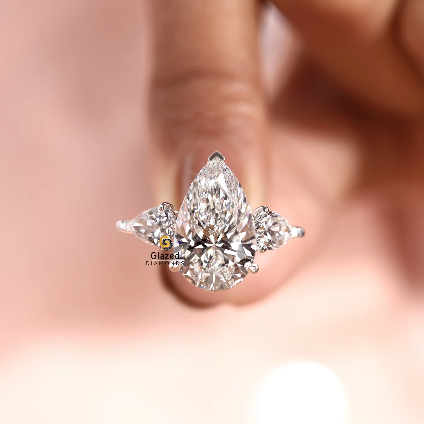 5CT Pear Lab Diamond Three Stone Wedding Ring For Women