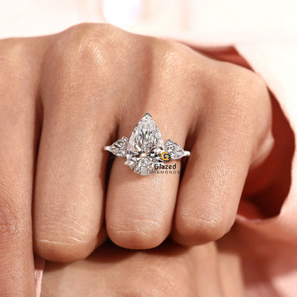 5CT Three Stone Lab Grown Pear Wedding Ring For Women