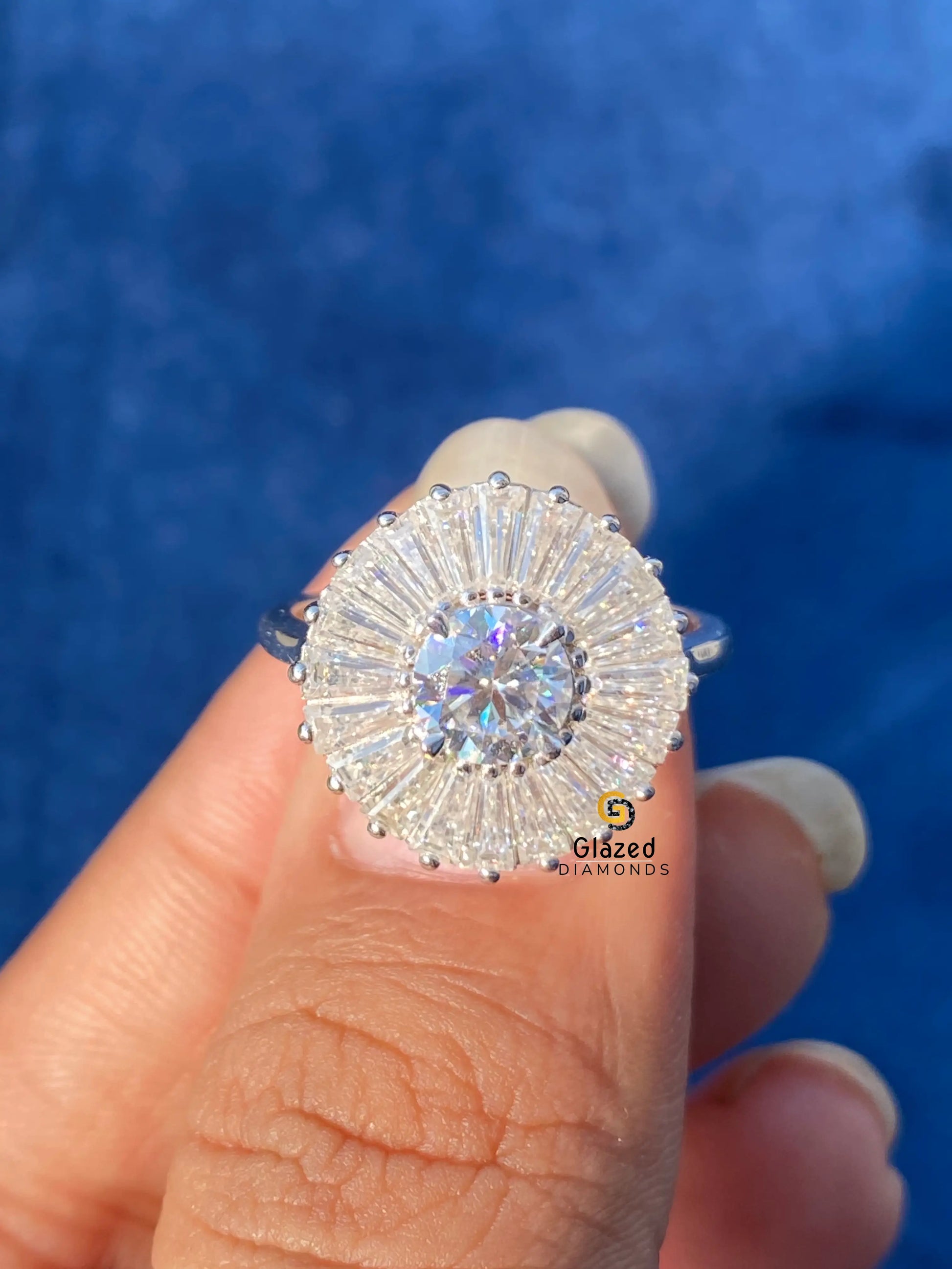 5MM Round Cut Moissanite Baguette Cut Cluster Halo Engagement Ring