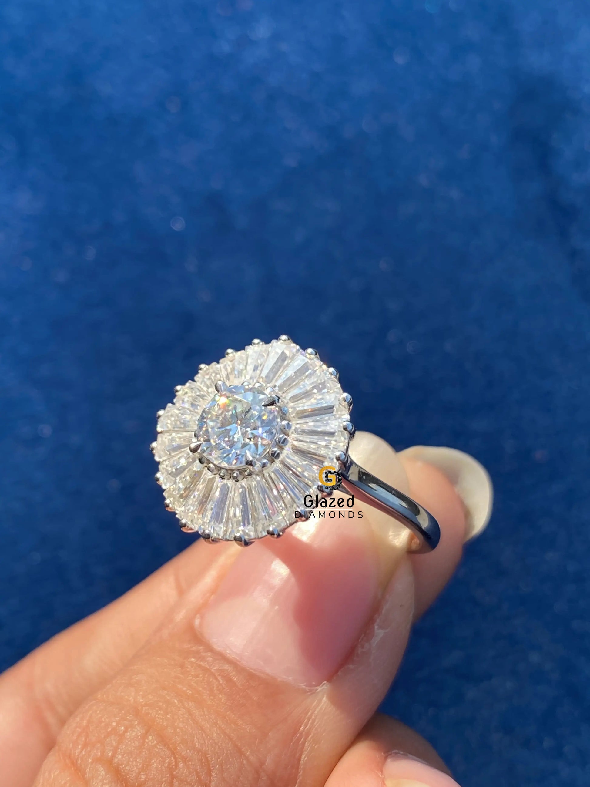 5MM Round Cut Moissanite Baguette Cut Cluster Halo Engagement Ring For Women