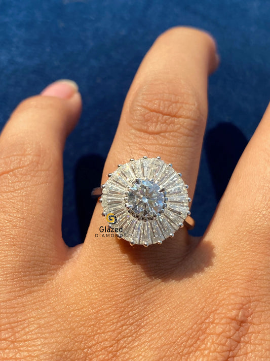 5MM Round Cut Moissanite Baguette Cut Halo Ring For Her