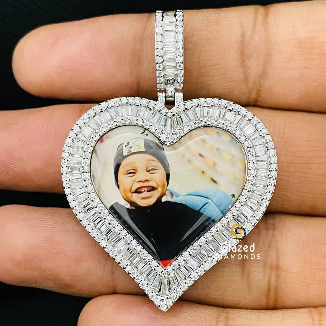 Heart Shape Baguette Moissanite Diamond Custom Memory Photo Pendant