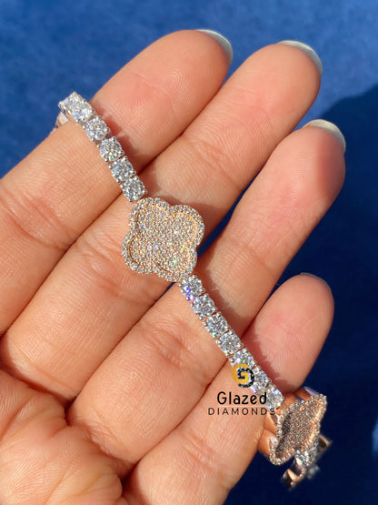 15MM Two Tone Moissanite Clover Bracelet 925 Silver