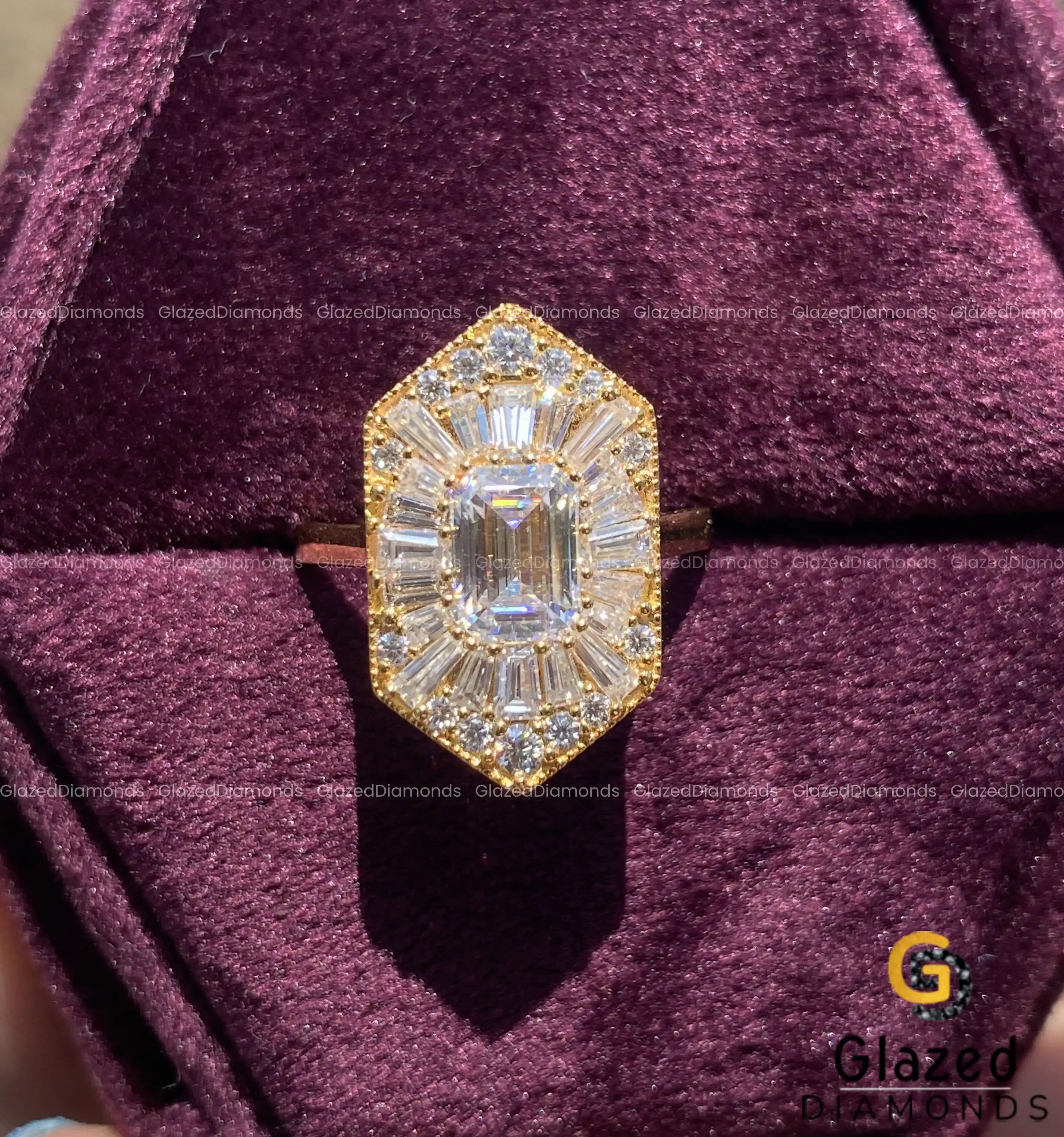 Art Deco Emerald Cut Moissanite Hexagon Shape Engagement Ring For Her