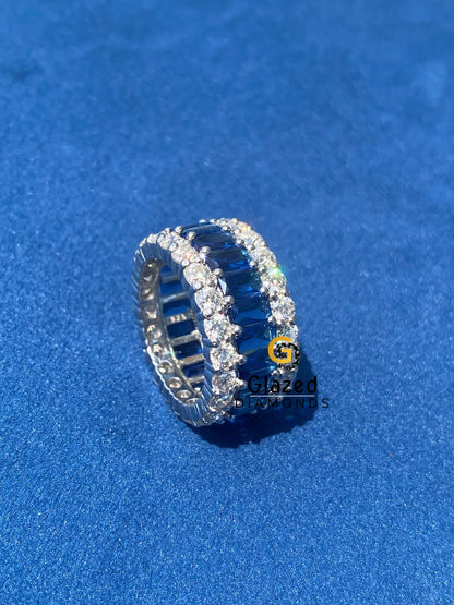 10MM Blue Radiant & Round Moissanite Diamond Studded Hip Hop Ring 925 Silver