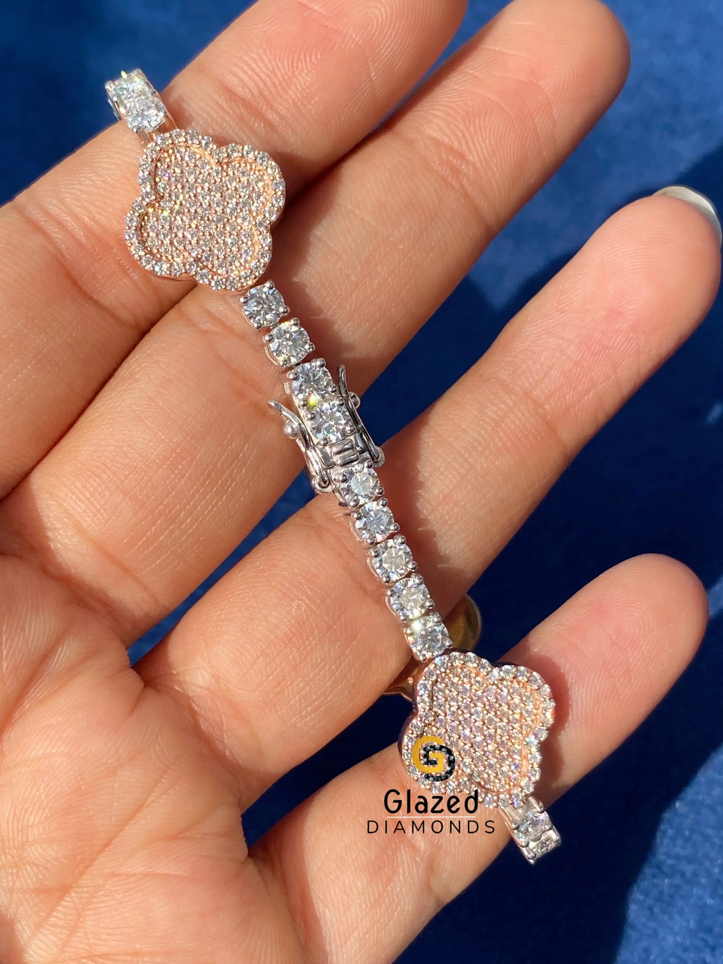 15MM Two Tone Moissanite Clover Bracelet 925 Silver