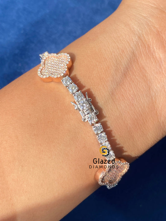 15MM Two Tone Moissanite Clover Bracelet 925 Silver