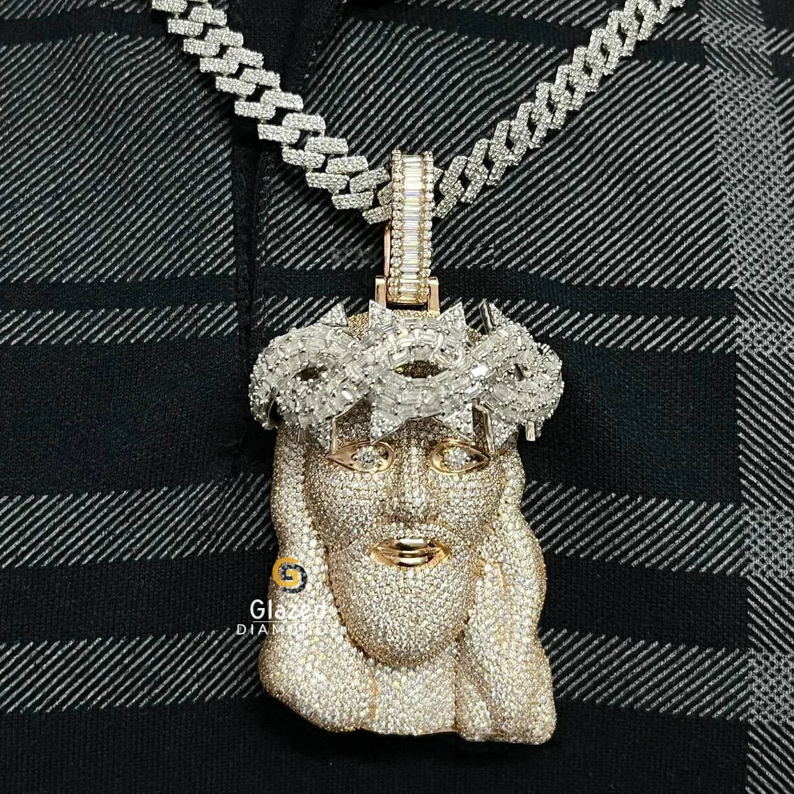 VVS Moissanite Baguette Crown Iced Out 3D Jesus Pendant