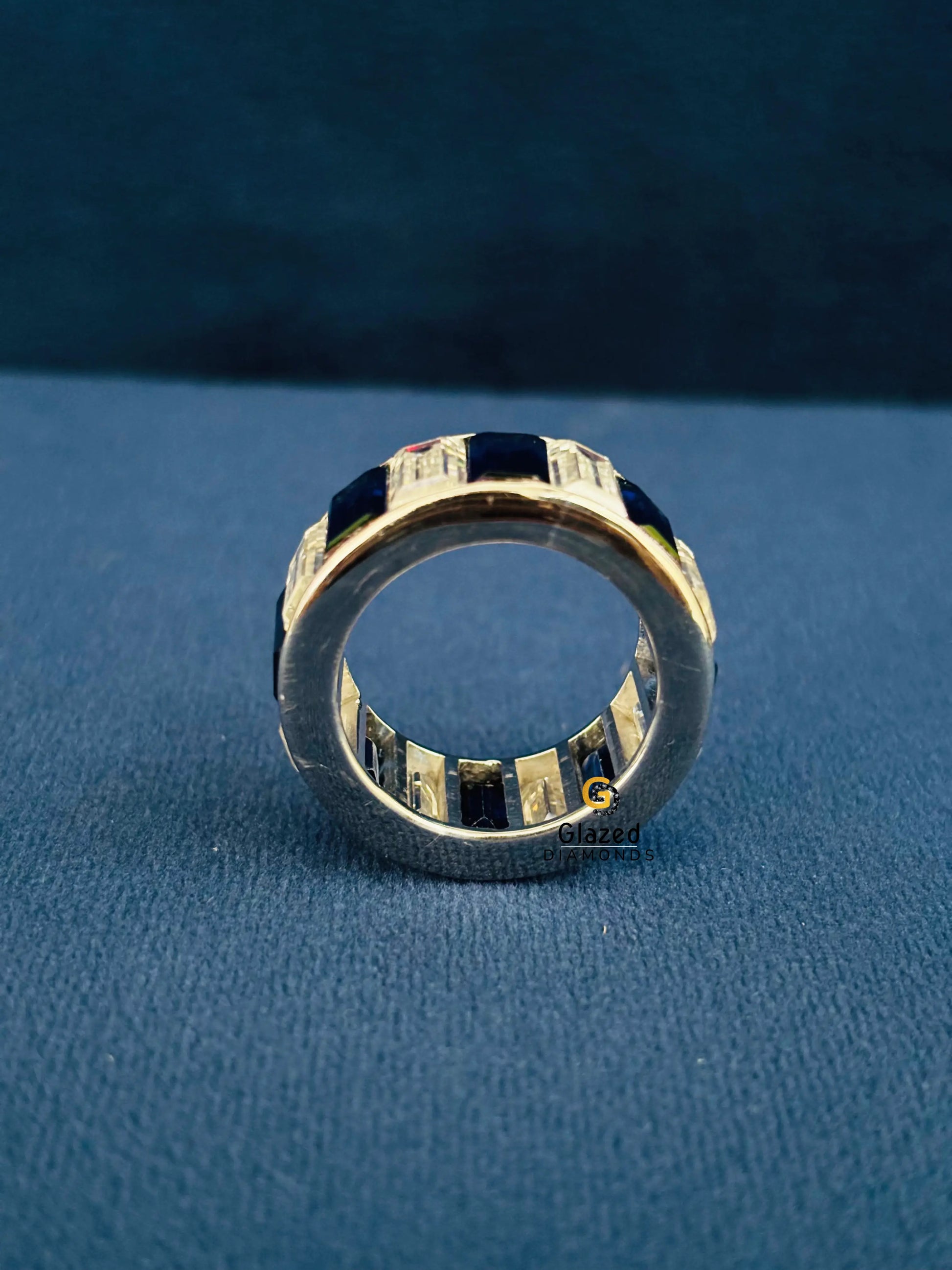 925 Silver Blue_ White Baguette Full Eternity Moissanite Band For Women