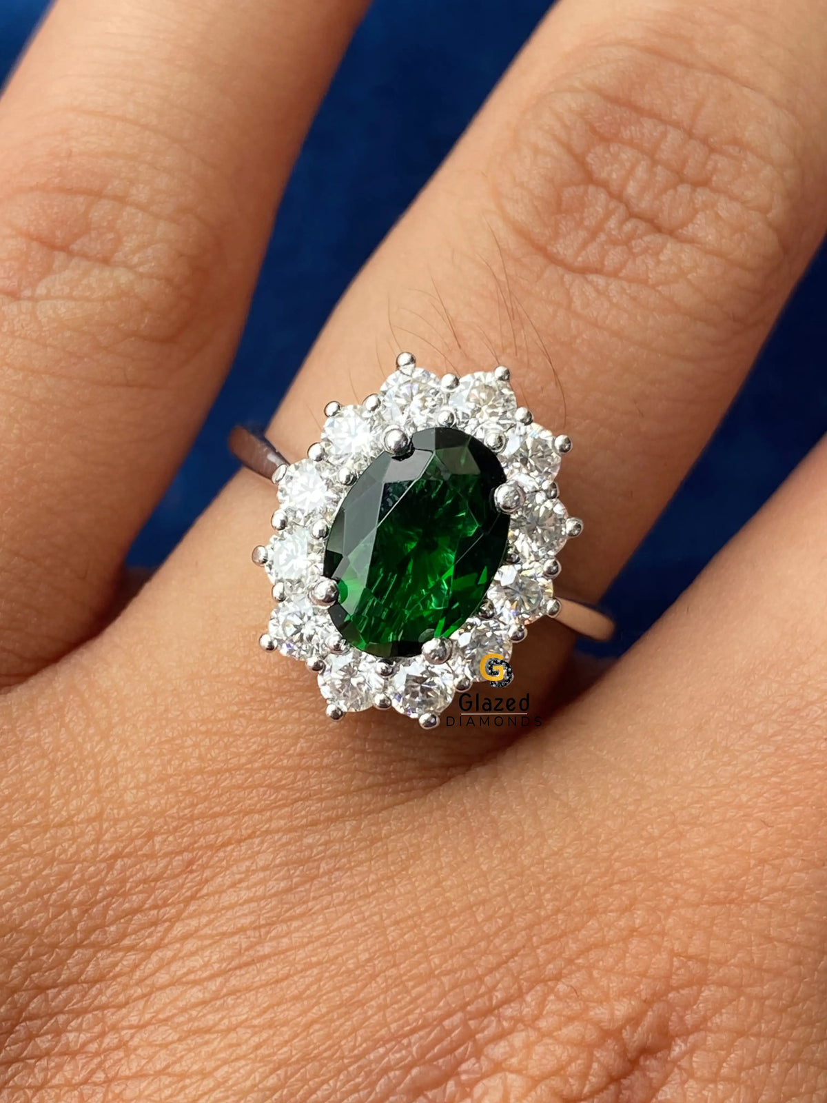 925 Silver Green Oval Diamond Moissanite Flower Halo Ring