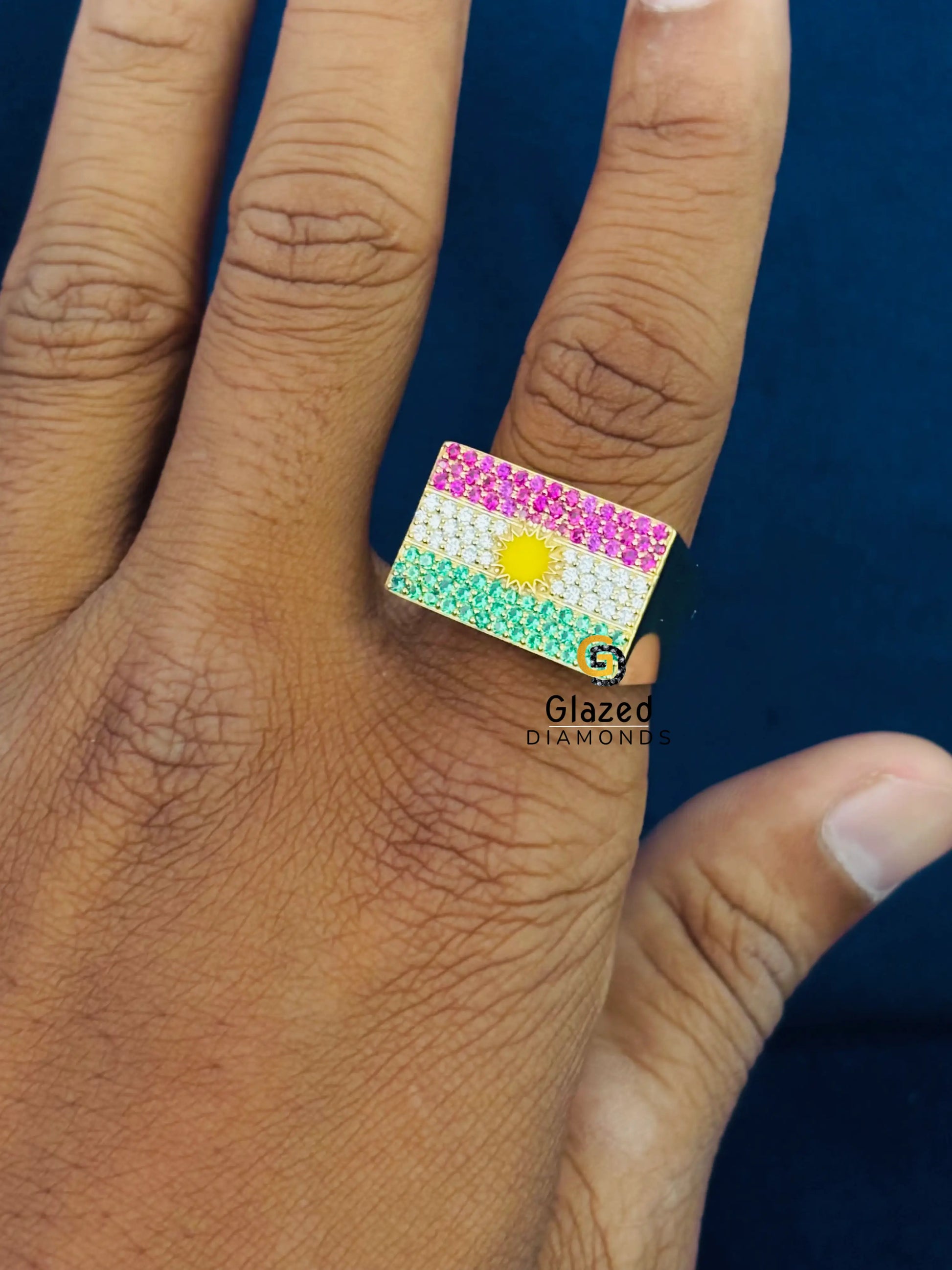 925 Silver Kurdistan Flag Moissanite Hip Hop Rappers Ring