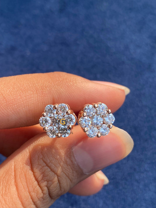 925 Silver Rose Gold Plated Moissanite Floral Cluster Stud Earrings