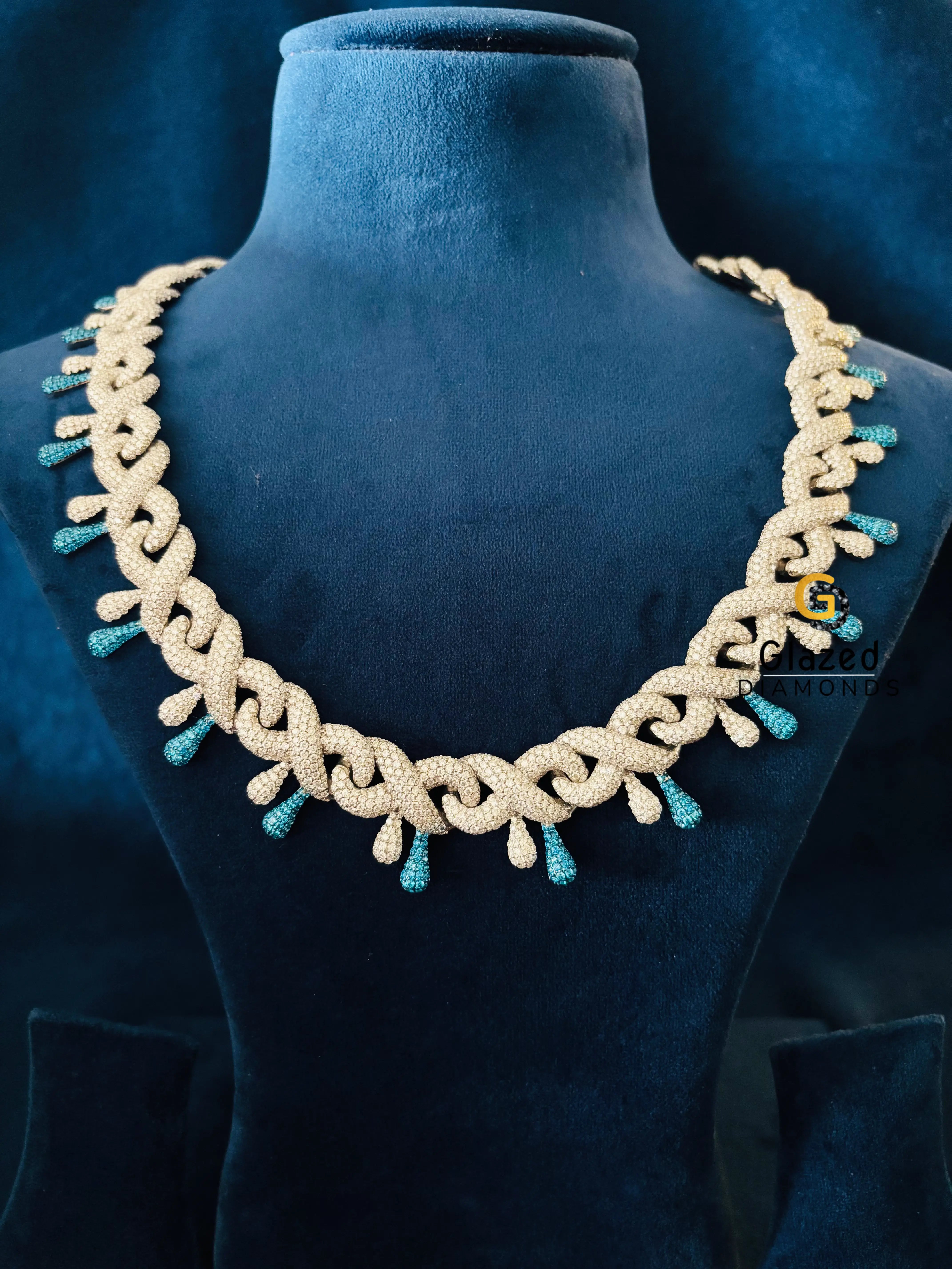 925 Silver Sky Blue_ White Moissanite Bust Down Chain For Men