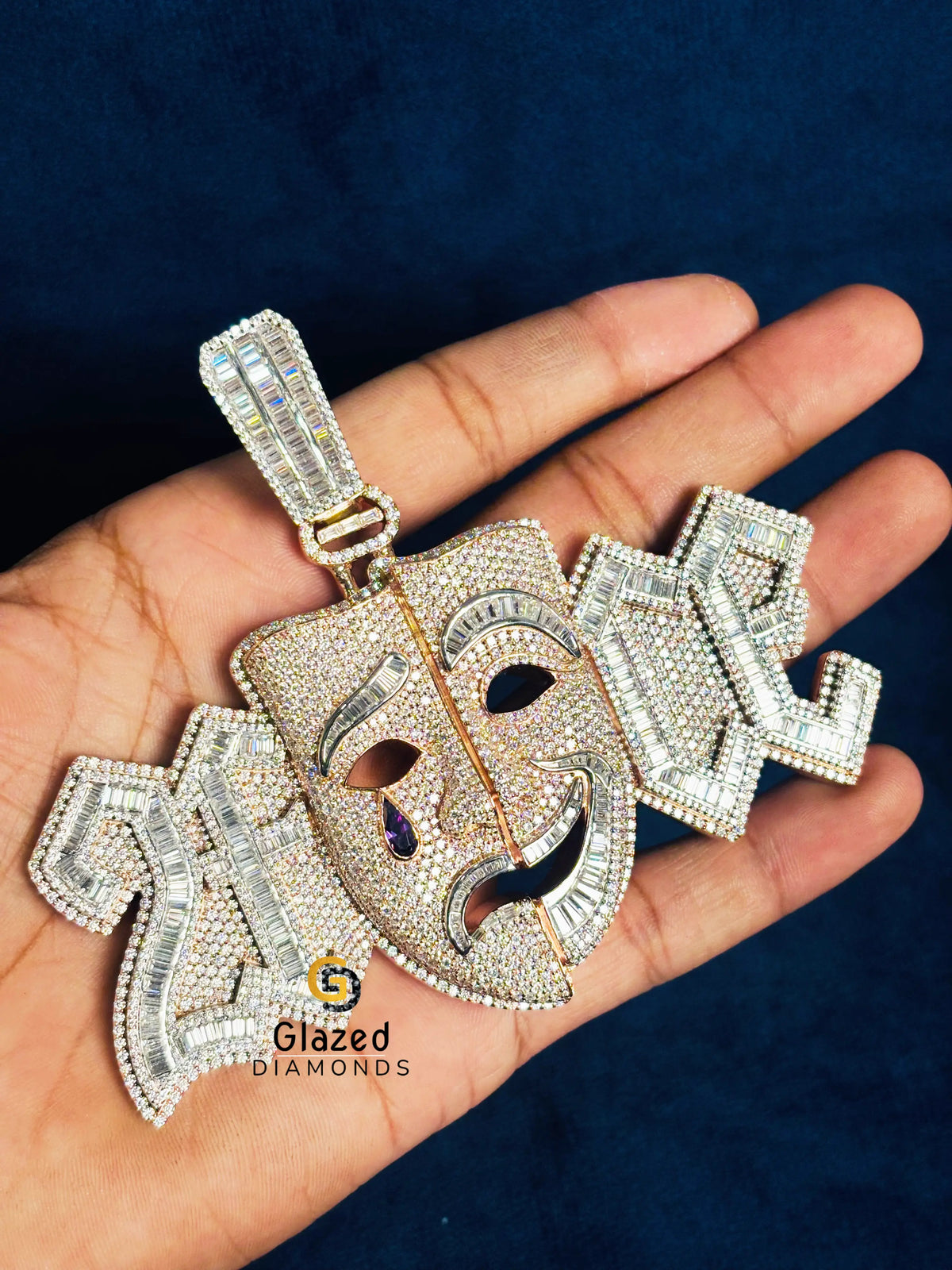 925 Silver Two Tone Crying Face Moissanite Hip Hop Pendant