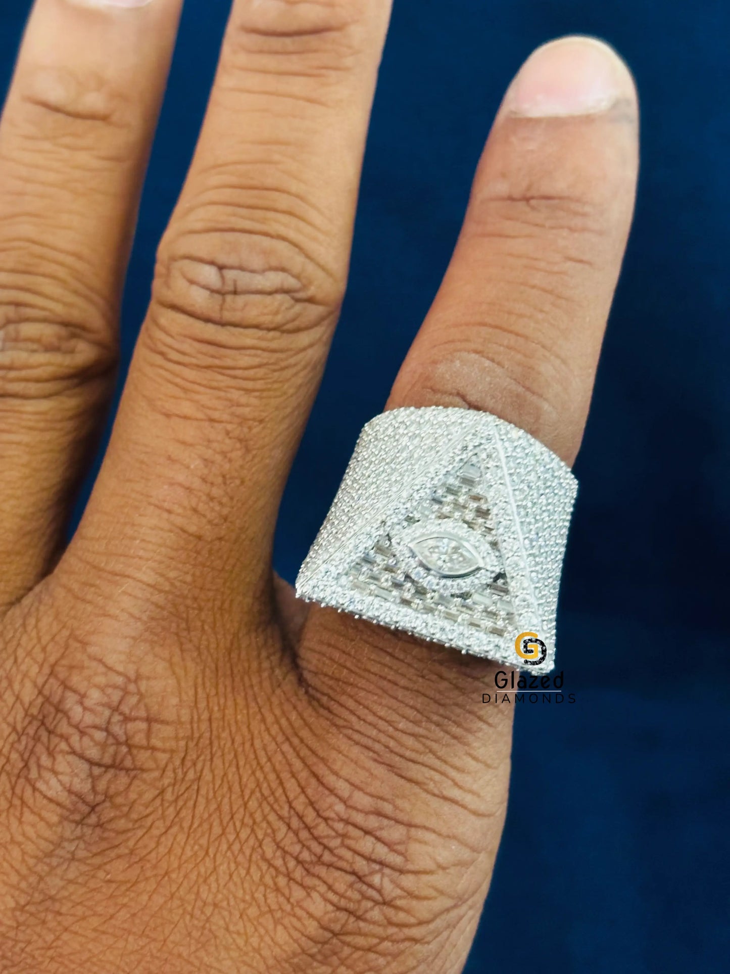 925 Sterling Silver Baguette_ Round Moissanite Illuminati Triangle Hip Hop Ring For Men