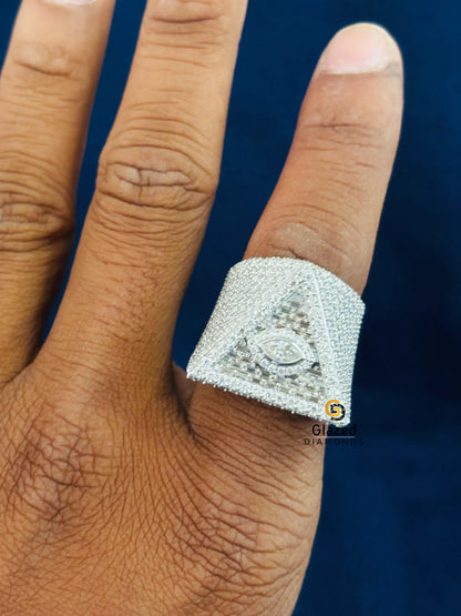 925 Sterling Silver Baguette_ Round Moissanite Illuminati Triangle Hip Hop Ring For Men