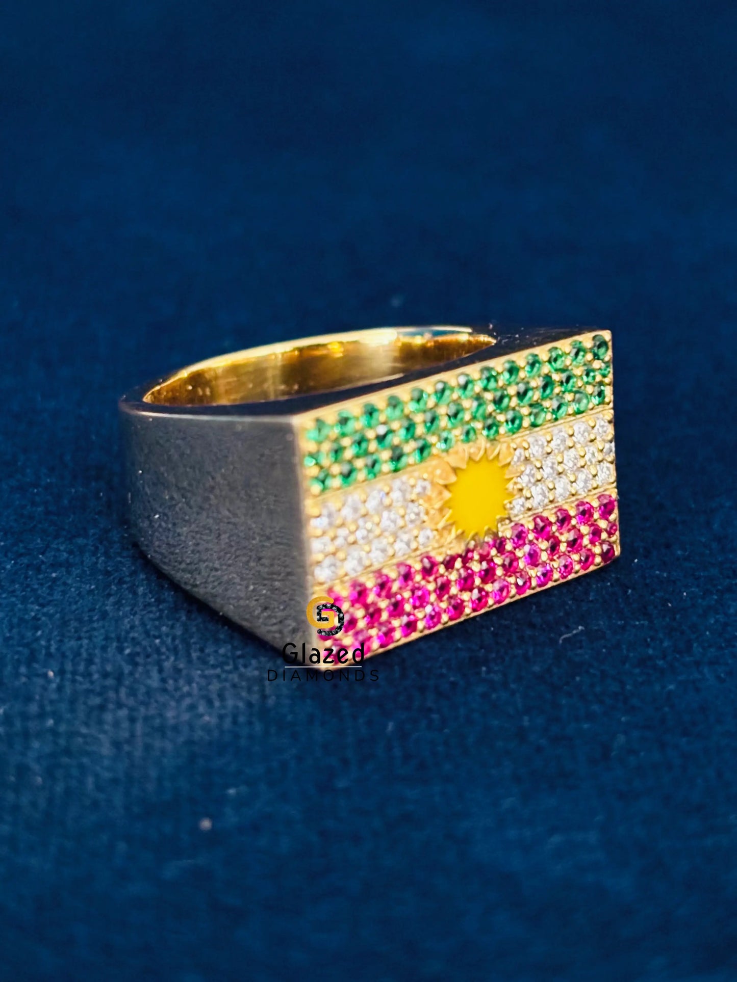925 Sterling Silver Kurdistan Flag Moissanite Rappers Ring For Men
