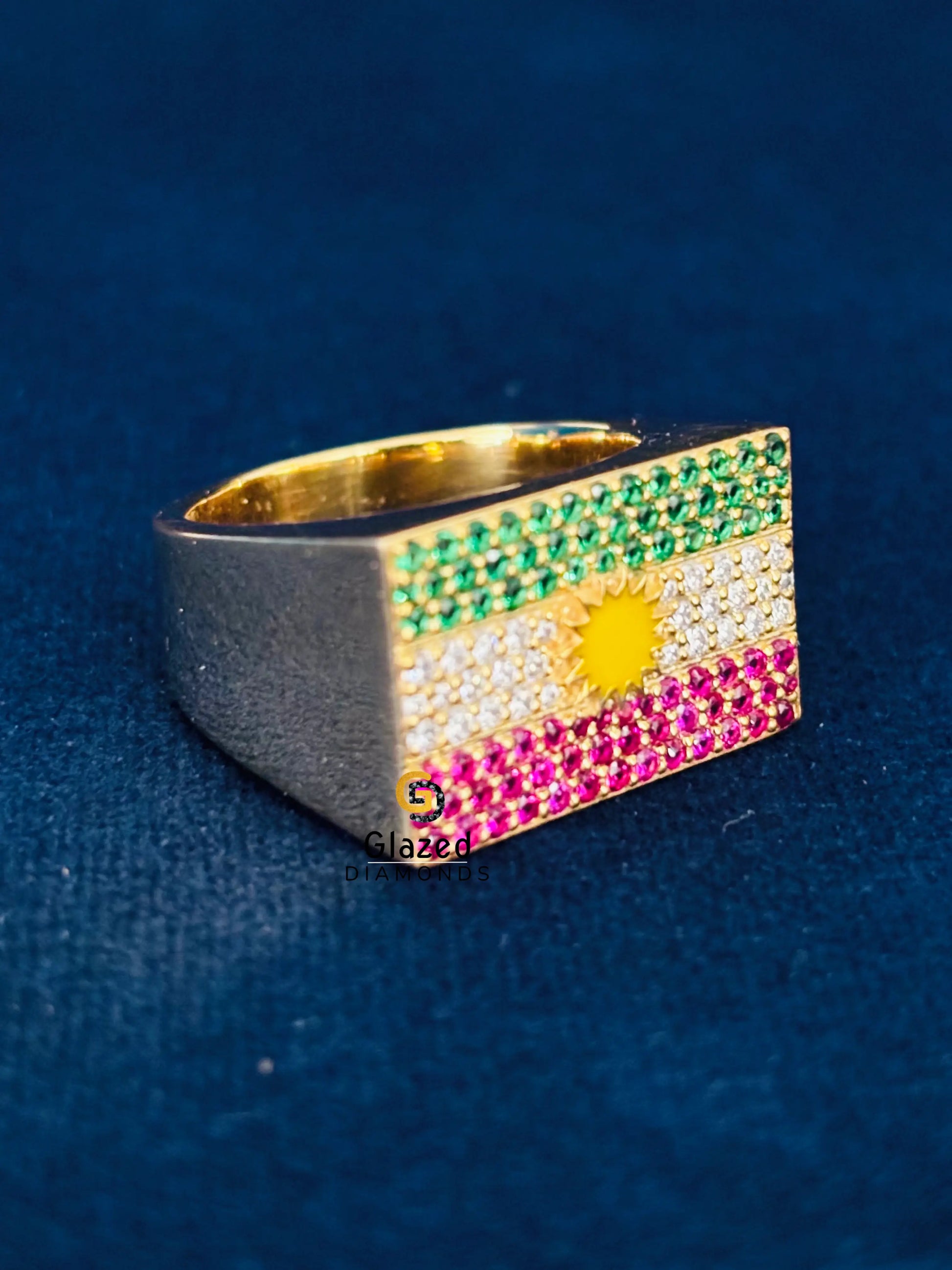 925 Sterling Silver Kurdistan Flag Moissanite Rappers Ring For Men