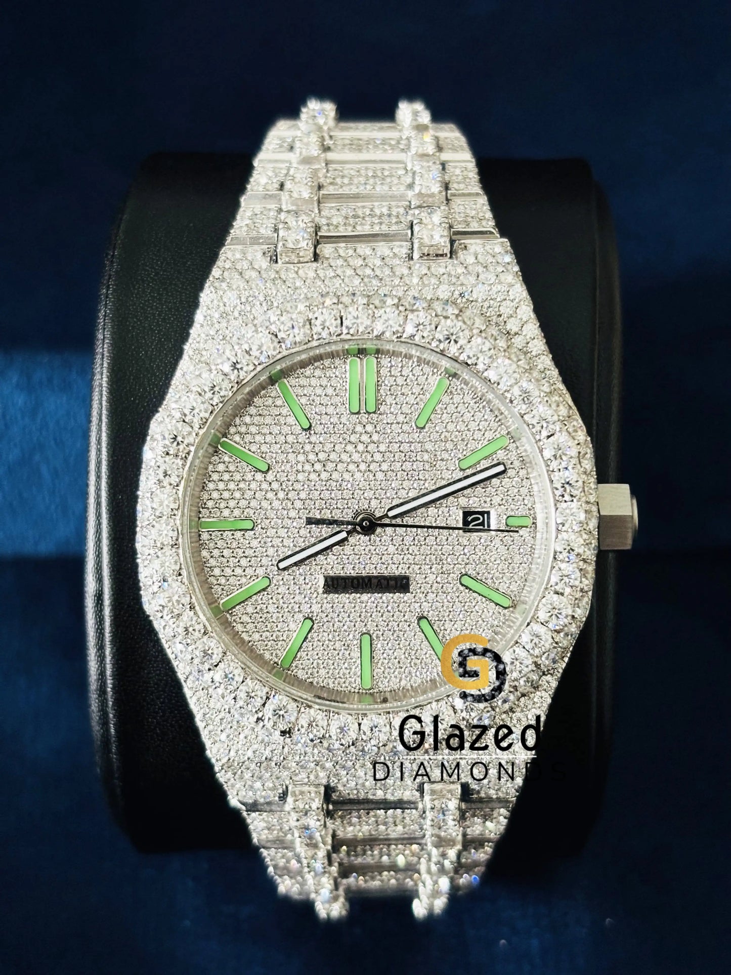 Fully Iced Out Green Stick Bar Moissanite Watch For Men